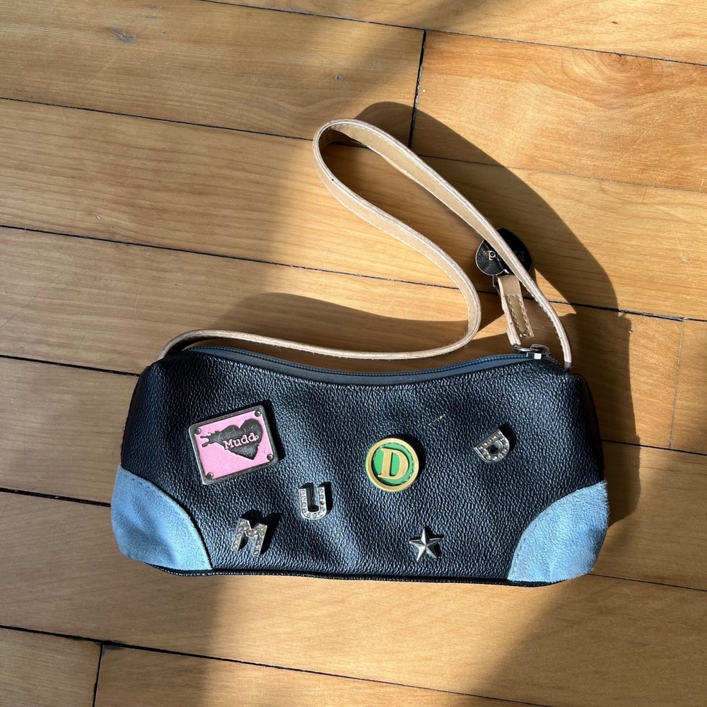 Vintage Mudd Y2K Black Faux Leather Baguette Shoulder Bag Blue Denim Patches